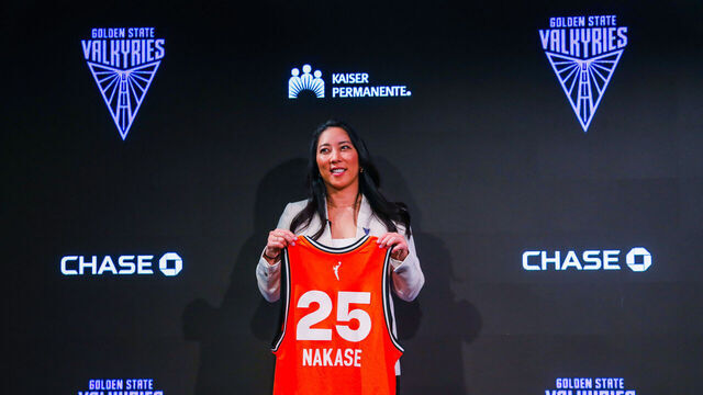 New Golden State Valkyries head coach Natalie Nakase poses for a portrait during a press conference at Chase Center in San Francisco on Thursday, October 10, 2024. Nakase, formerly a first assistant coach with the 2-time WNBA Champions, the Las Vegas Aces, joined the Aces in February 2022 to help head coach Beck Hammon led their team to back-to-back WNBA championships in 2022 and 2023 as well as the 2022 Commissioner's Cup title. She becomes the first Asian to led a WNBA team.