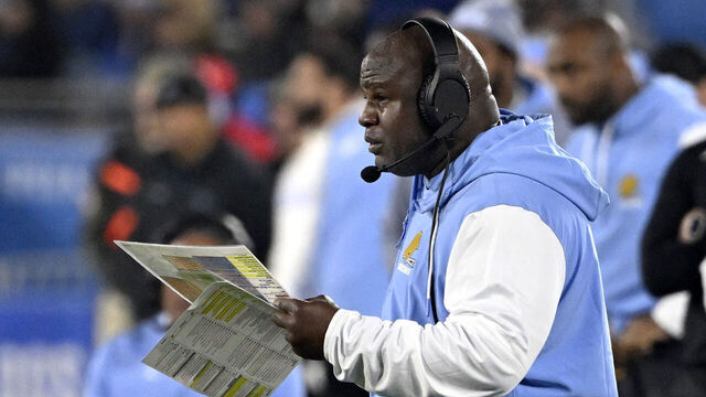 Pasadena, CA - November 08: Ucla offensive coordinator Eric Bieniemy looks on against the Iowa Hawkeyes in the second half of a NCAA Football game at the Rose Bowl in Pasadena on Friday, November 8, 2024.
