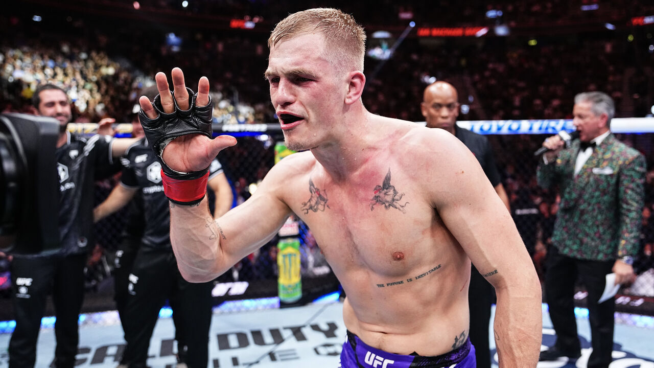 LAS VEGAS, NEVADA - JUNE 29: Ian Machado Garry of Ireland reacts to his victory over Michael Page of England in a welterweight fight during the UFC 303 event at T-Mobile Arena on June 29, 2024 in Las Vegas, Nevada.