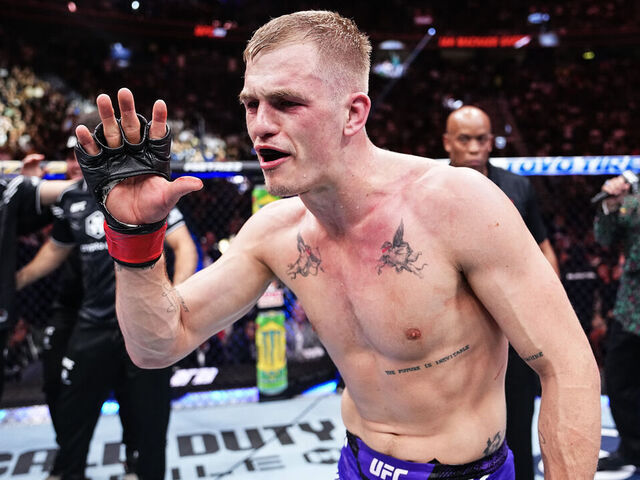 LAS VEGAS, NEVADA - JUNE 29: Ian Machado Garry of Ireland reacts to his victory over Michael Page of England in a welterweight fight during the UFC 303 event at T-Mobile Arena on June 29, 2024 in Las Vegas, Nevada.