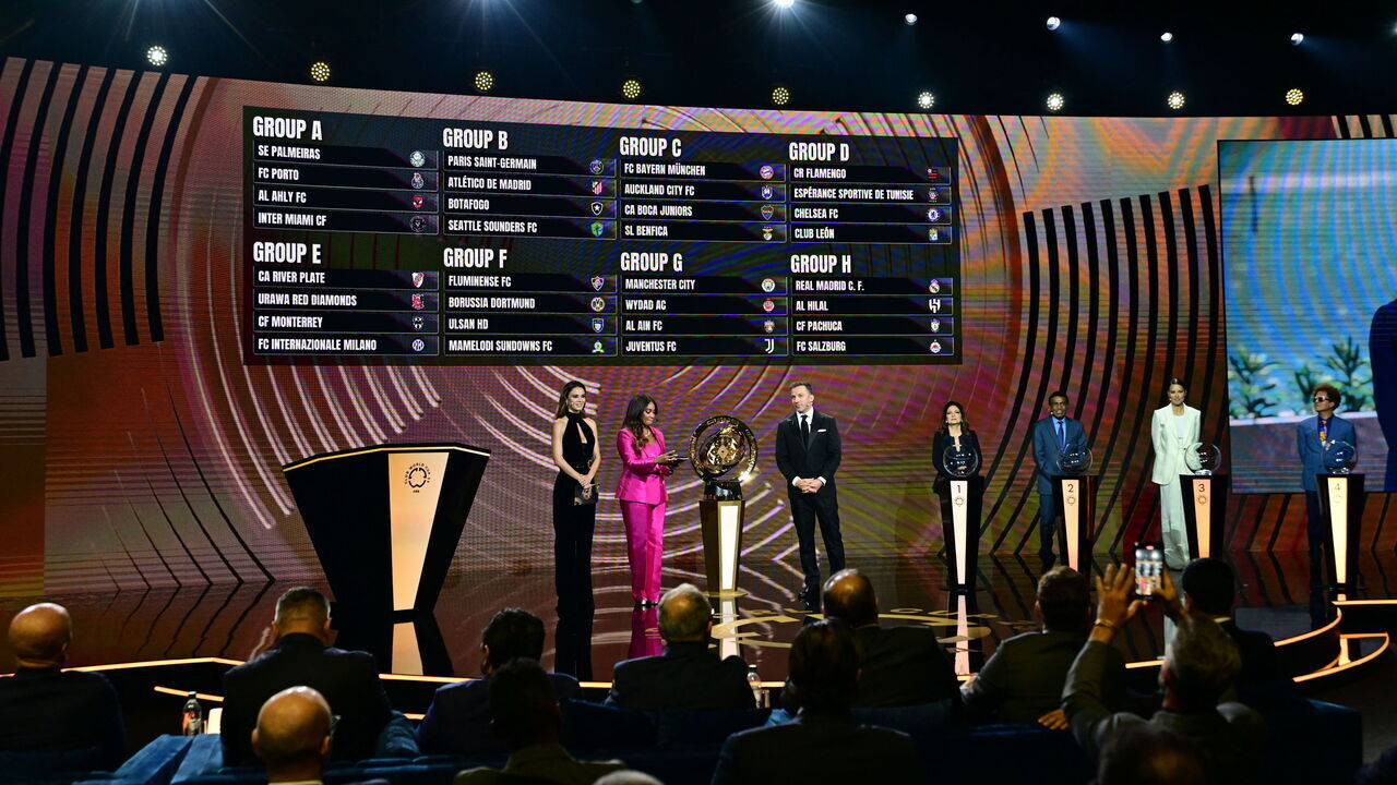 The Club World Cup groups are displayed during the 2025 FIFA Club World Cup Draw ceremony in Miami on December 5, 2024.