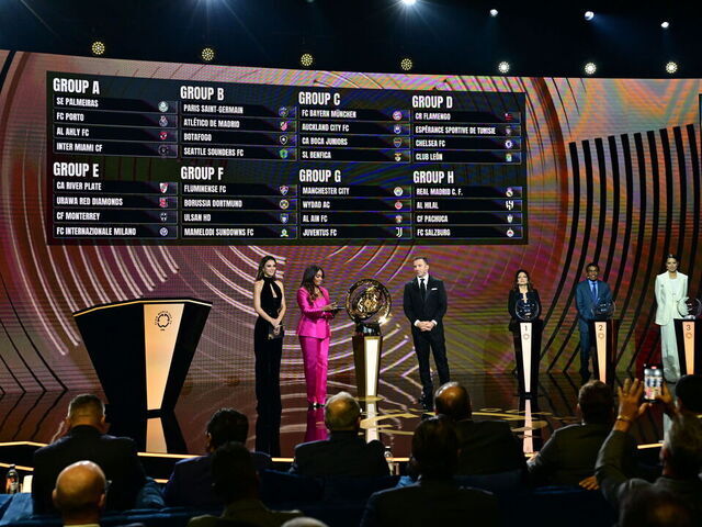 The Club World Cup groups are displayed during the 2025 FIFA Club World Cup Draw ceremony in Miami on December 5, 2024.
