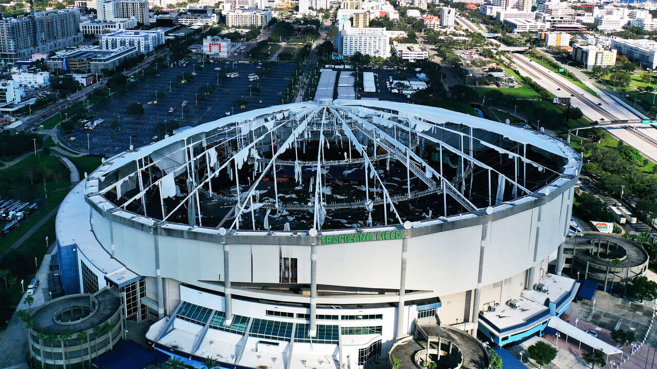 CHIMCHIME, ST PETERSBURG, FLORIDA, UNITED STATES - 2024/10/13: (EDITORS NOTE: Image taken with drone) In this aerial view, the domed roof at Tropicana Field, the home of the Tampa Bay Rays, is seen ripped to shreds from Hurricane Miltonís powerful winds in St. Petersburg. The storm passed through the area on October 10, 2024, making landfall as a Category 3 hurricane in Siesta Key, Florida.