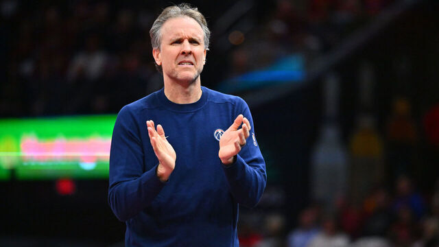 CLEVELAND, OHIO - DECEMBER 03: Head coach Brian Keefe of the Washington Wizards reacts during the third quarter against the Cleveland Cavaliers at Rocket Mortgage Fieldhouse on December 03, 2024 in Cleveland, Ohio. The Cavaliers defeated the Wizards 118-87.