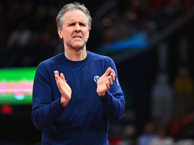 CLEVELAND, OHIO - DECEMBER 03: Head coach Brian Keefe of the Washington Wizards reacts during the third quarter against the Cleveland Cavaliers at Rocket Mortgage Fieldhouse on December 03, 2024 in Cleveland, Ohio. The Cavaliers defeated the Wizards 118-87.