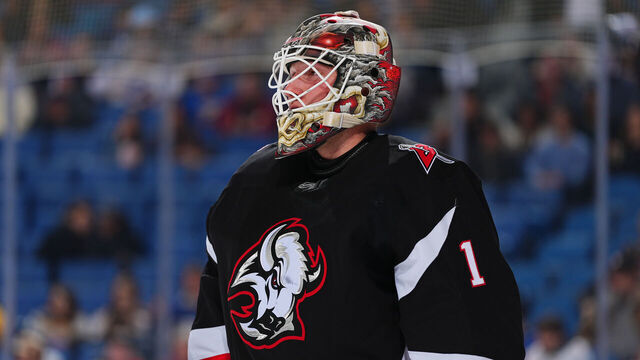 BUFFALO, NEW YORK - DECEMBER 5: Ukko-Pekka Luukkonen #1 of the Buffalo Sabres looks on against the Winnipeg Jets during an NHL game on December 5, 2024 at KeyBank Center in Buffalo, New York.