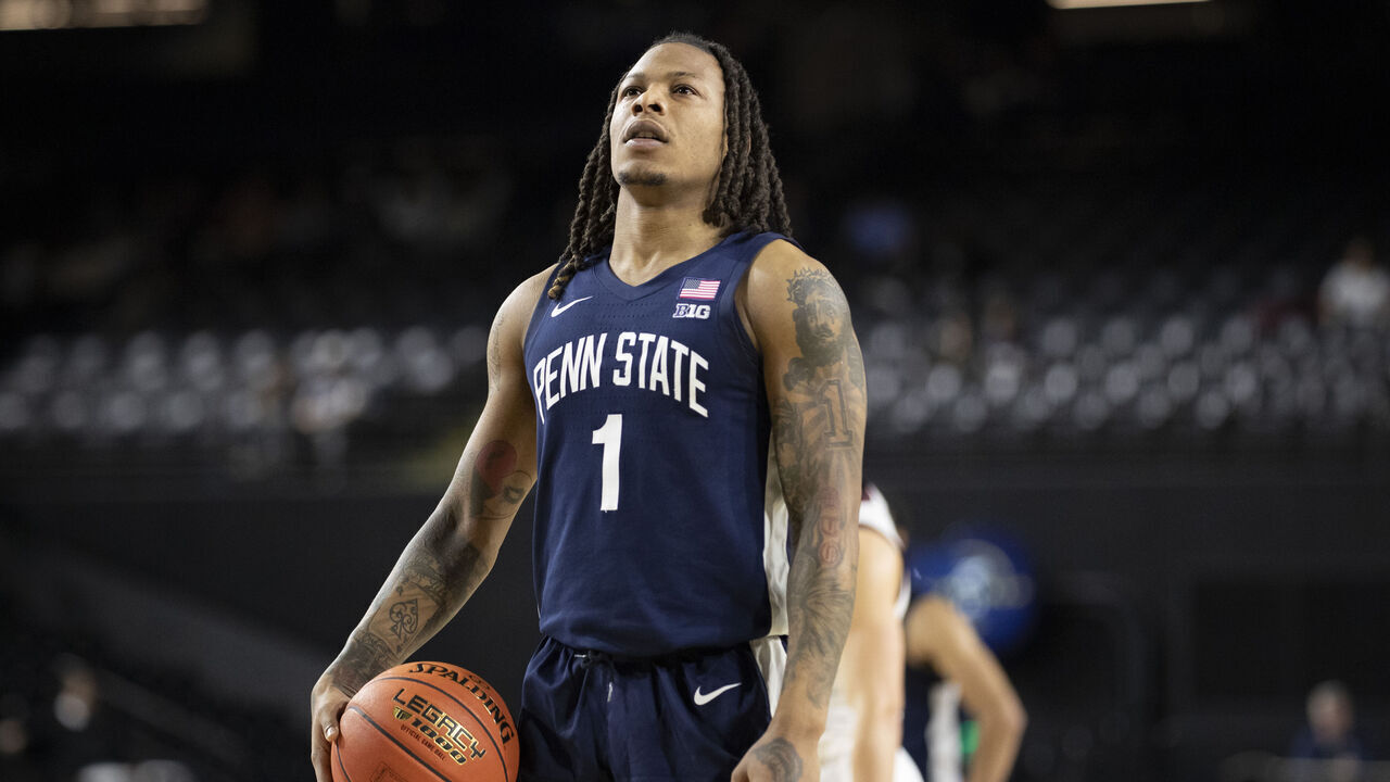 BALTIMORE, MD - NOVEMBER 15: Penn State Nittany Lions guard Ace Baldwin Jr. (1) takes a deep breath before shooting a free throw during the college basketball Hall of Fame Series game between the Virginia Tech Hokies and the Penn State Nittany Lions on November 15, 2024, at CFG Bank Arena in Baltimore, Maryland.