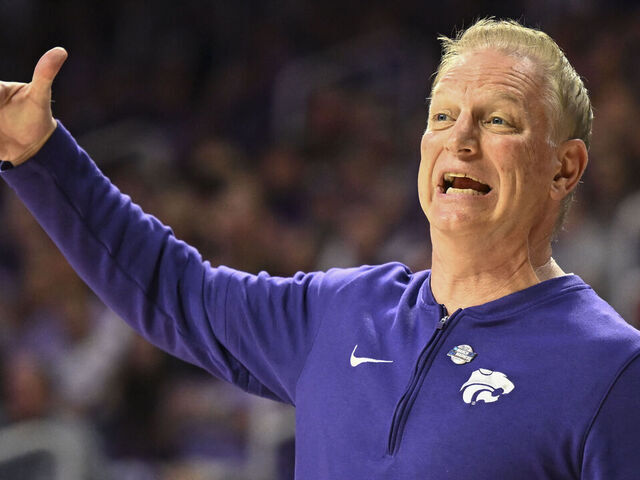 MANHATTAN, KANSAS - MARCH 24: Head coach Jeff Mittie of the Kansas State Wildcats reacts during the second round of the 2024 NCAA Women's Basketball Tournament held at Bramlage Coliseum on March 24, 2024 in Manhattan, Kansas.