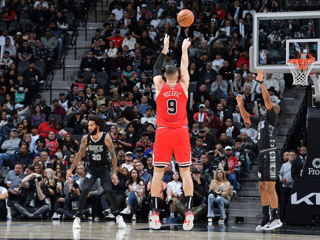 SAN ANTONIO, TX - DECEMBER 5: Nikola Vucevic #9 of the Chicago Bulls shoots a three point basket during the game against the San Antonio Spurs on December 5, 2024 at the Frost Bank Center in San Antonio, Texas. Mandatory Copyright Notice: Copyright 2024 NBAE (Photos by Michael Gonzales/NBAE via Getty Images)