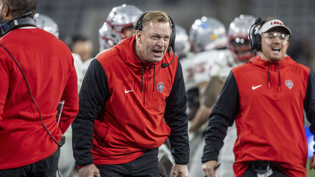 SAN DIEGO, CA - NOVEMBER 08: New Mexico head coach Bronco Mendenhall celebrates on the sideline in the second half of a college football game between the New Mexico Lobos and the San Diego State Aztecs on November 8, 2024, at Snapdragon Stadium in San Diego, California.