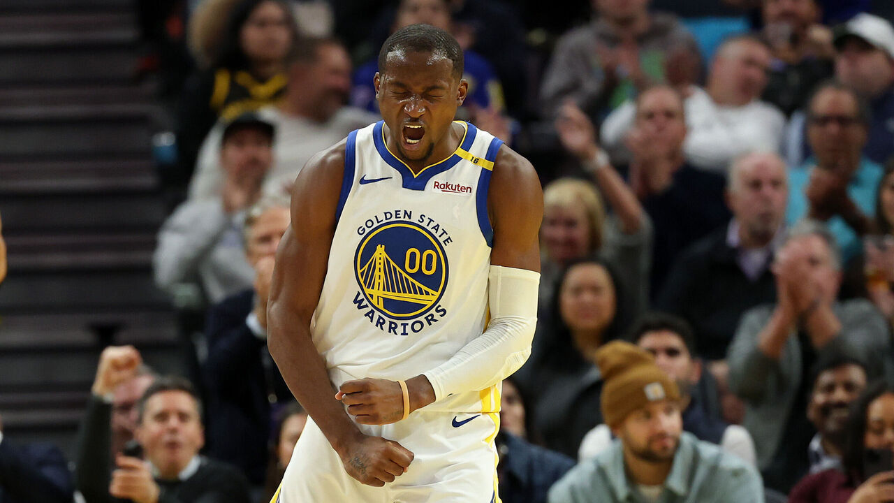 SAN FRANCISCO, CALIFORNIA - DECEMBER 05: Jonathan Kuminga #00 of the Golden State Warriors reacts after making a basket and getting fouled by the Houston Rockets in the second half at Chase Center on December 05, 2024 in San Francisco, California. NOTE TO USER: User expressly acknowledges and agrees that, by downloading and/or using this photograph, user is consenting to the terms and conditions of the Getty Images License Agreement.