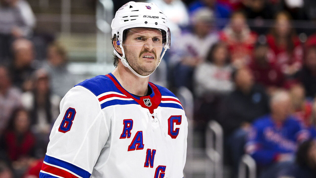 DETROIT, MICHIGAN - NOVEMBER 09: Jacob Trouba #8 of the New York Rangers looks on during the second period of a game against the Detroit Red Wings at Little Caesars Arena on November 09, 2024 in Detroit, Michigan.