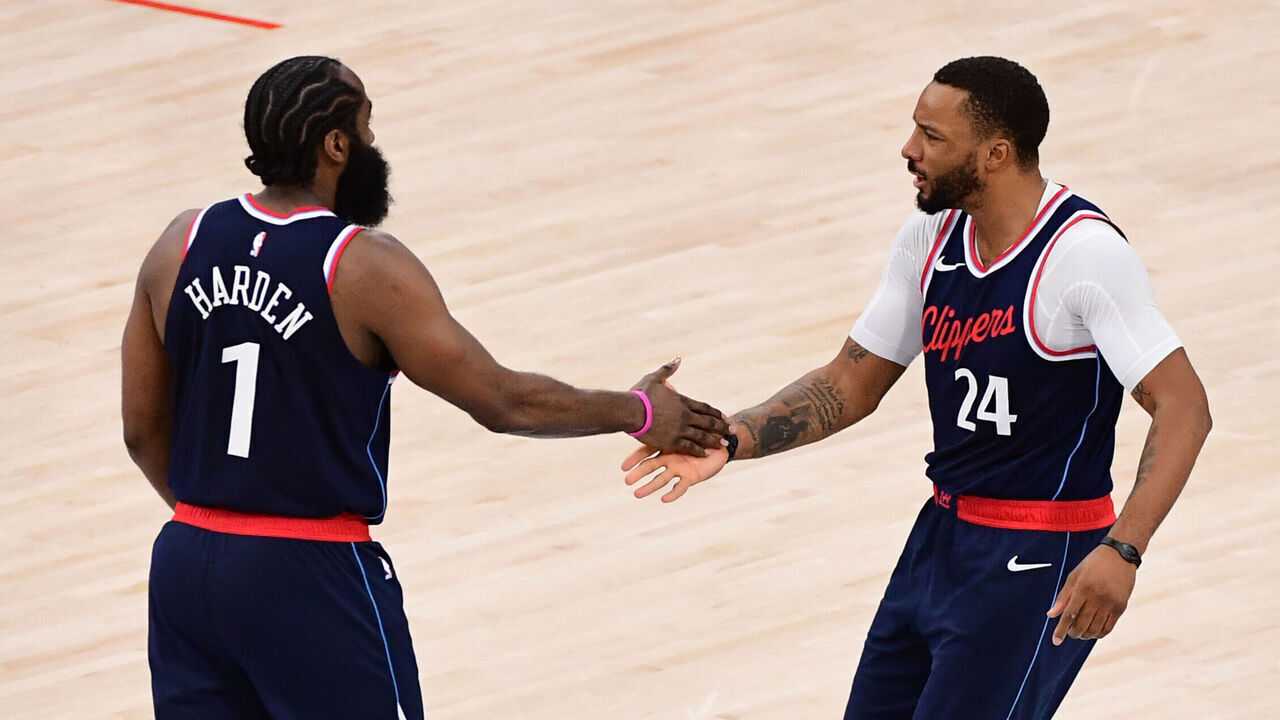 INGLEWOOD, CA - NOVEMBER 4: James Harden #1 and Norman Powell #24 of the LA Clippers high five during the game against the San Antonio Spurs on November 4, 2024 at Intuit Dome in Los Angeles, California. NOTE TO USER: User expressly acknowledges and agrees that, by downloading and/or using this Photograph, user is consenting to the terms and conditions of the Getty Images License Agreement. Mandatory Copyright Notice: Copyright 2024 NBAE