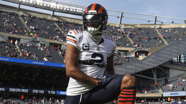 CHICAGO, ILLINOIS - NOVEMBER 24: DJ Moore #2 of the Chicago Bears warms up prior to an NFL football game against the Minnesota Vikings at Soldier Field on November 24, 2024 in Chicago, Illinois.