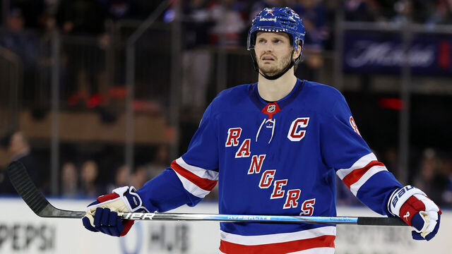 NEW YORK, NEW YORK - OCTOBER 26: Jacob Trouba #8 of the New York Rangers looks on during the third period against the Anaheim Ducks at Madison Square Garden on October 26, 2024 in New York City. The Rangers won 2-1.