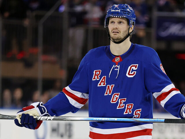 NEW YORK, NEW YORK - OCTOBER 26: Jacob Trouba #8 of the New York Rangers looks on during the third period against the Anaheim Ducks at Madison Square Garden on October 26, 2024 in New York City. The Rangers won 2-1.