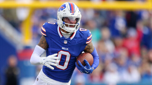 ORCHARD PARK, NEW YORK - NOVEMBER 03: Keon Coleman #0 of the Buffalo Bills runs the ball during the fourth quarter against the Miami Dolphins at Highmark Stadium on November 03, 2024 in Orchard Park, New York.
