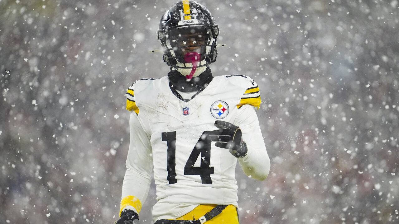 CLEVELAND, OH - NOVEMBER 21: George Pickens #14 of the Pittsburgh Steelers looks on from the field during an NFL football game against the Cleveland Browns at Huntington Bank Field on November 21, 2024 in Cleveland, Ohio.