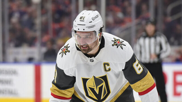 EDMONTON, CANADA NOVEMBER 6: Mark Stone #61 of the Vegas Golden Knights awaits a face-off during the game against the Edmonton Oilers at Rogers Place on November 6, 2024, in Edmonton, Alberta, Canada.