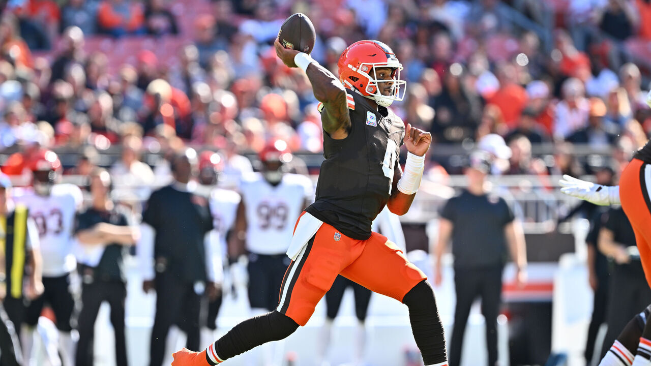 CLEVELAND, OHIO - OCTOBER 20: Deshaun Watson #4 of the Cleveland Browns throws a pass in the second quarter of a game against the Cincinnati Bengals at Huntington Bank Field on October 20, 2024 in Cleveland, Ohio.