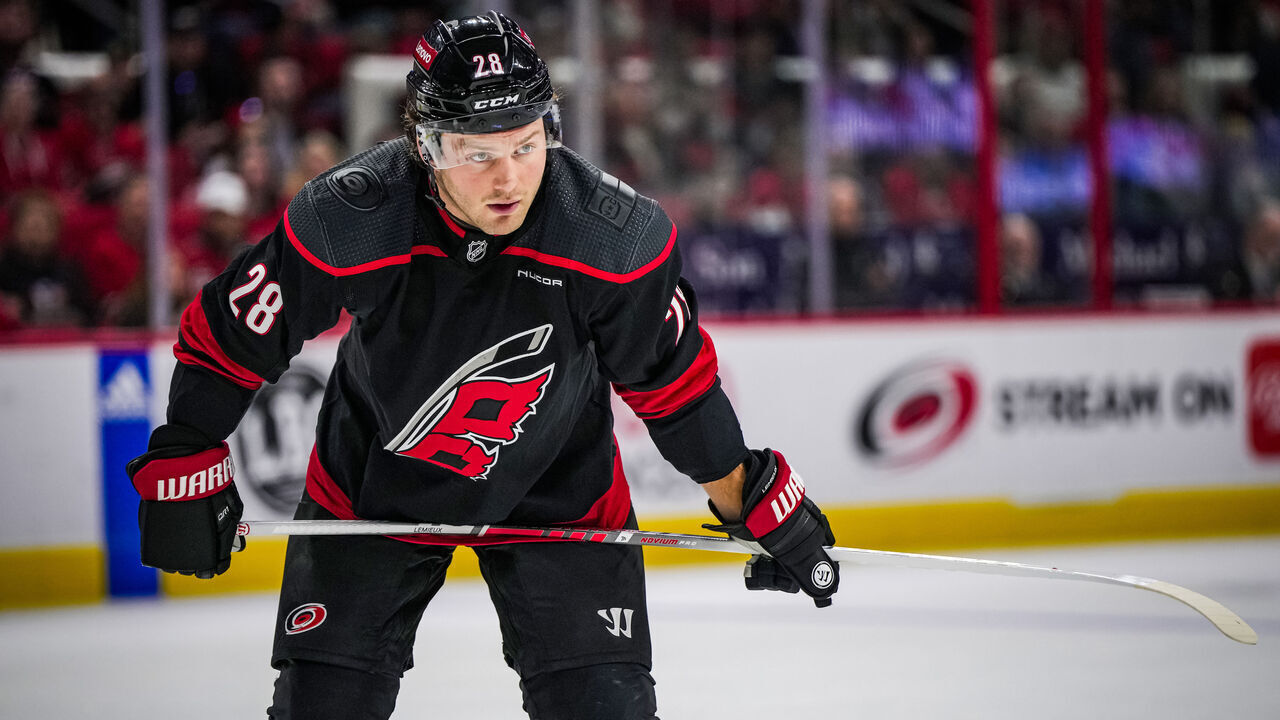 RALEIGH, NORTH CAROLINA - JANUARY 27: Brendan Lemieux #28 of the Carolina Hurricanes looks on during the second period against the Arizona Coyotes at PNC Arena on January 27, 2024 in Raleigh, North Carolina.