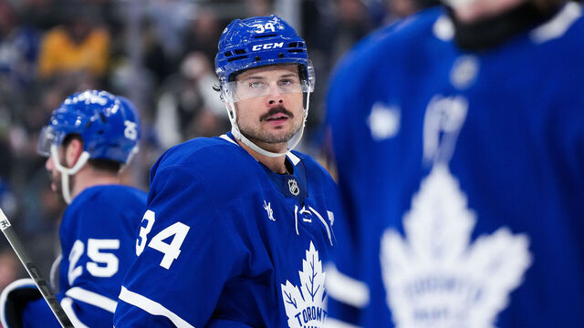 TORONTO, CANADA - DECEMBER 4: Auston Matthews #34 of the Toronto Maple Leafs looks on against the Nashville Predators at Scotiabank Arena on December 4, 2024 in Toronto, Ontario, Canada.
