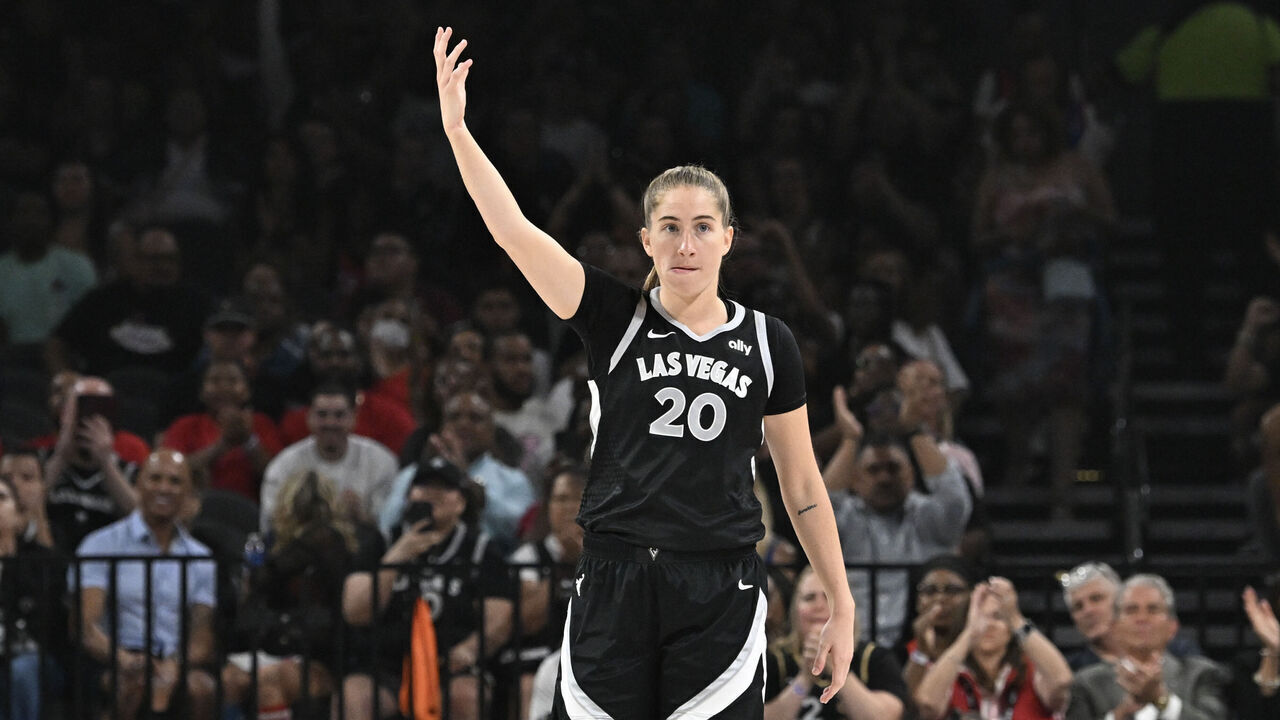 LAS VEGAS, NEVADA - JULY 04: Kate Martin #20 of the Las Vegas Aces reacts to a play against the Washington Mystics in the first quarter in their game at Michelob ULTRA Arena on July 04, 2024 in Las Vegas, Nevada. The Aces defeated the Mystics 98-77.