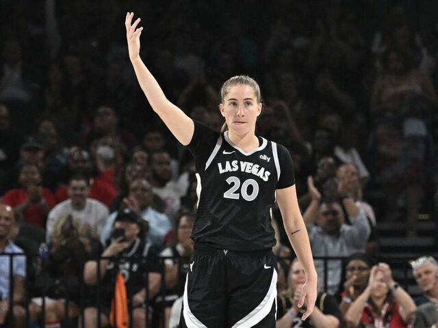 LAS VEGAS, NEVADA - JULY 04: Kate Martin #20 of the Las Vegas Aces reacts to a play against the Washington Mystics in the first quarter in their game at Michelob ULTRA Arena on July 04, 2024 in Las Vegas, Nevada. The Aces defeated the Mystics 98-77.