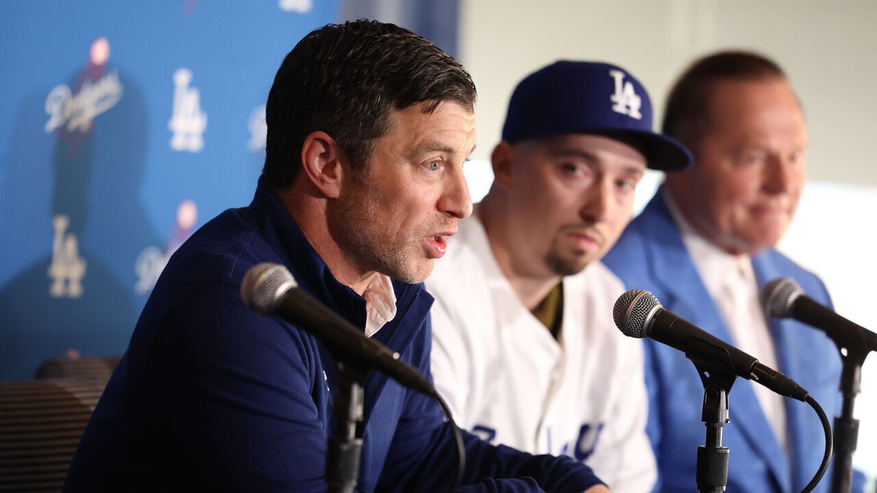 Los Angeles, California December 3, 2024-President of baseball operations for the Dodgers Andrew Friedman talks about new pitcher Blake Snell during a press conference at Dodgers Stadium Tuesday. (Wally Skalij/Los Angeles Times via Getty Images)
