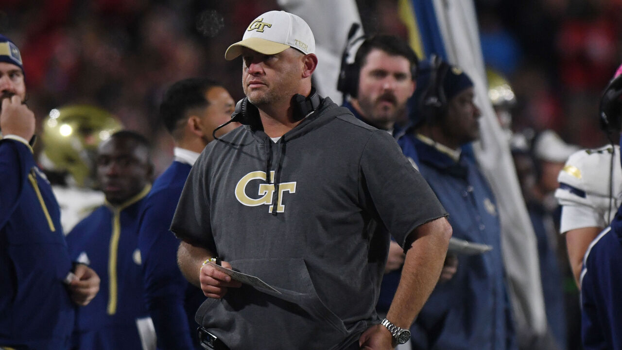 ATHENS, GA - NOVEMBER 29: Georgia Tech Yellow Jackets head coach Brent Key looks on during the college football game between the Georgia Tech Yellow Jackets and the Georgia Bulldogs on November 29, 2024, at Sanford Stadium in Athens, GA.