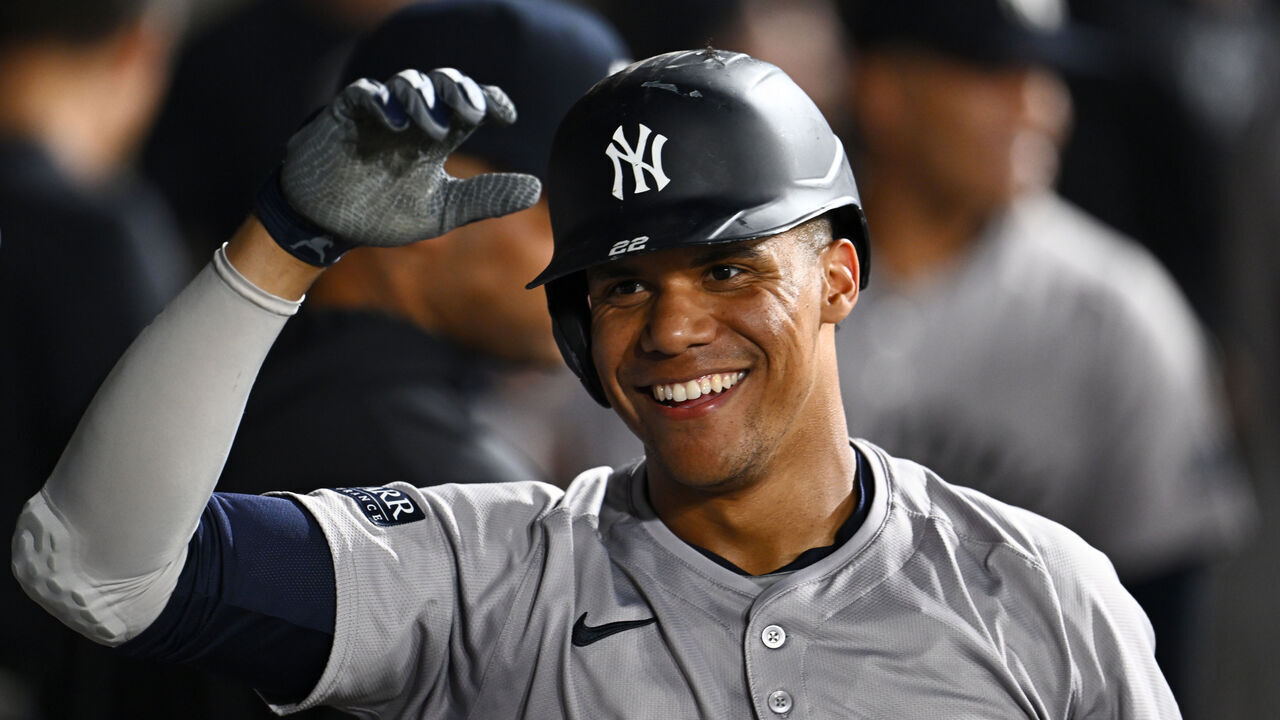 CHICAGO, ILLINOIS - AUGUST 13: Juan Soto #22 of the New York Yankees celebrates his solo home run in the seventh inning against the Chicago White Sox at Guaranteed Rate Field on August 13, 2024 in Chicago, Illinois.