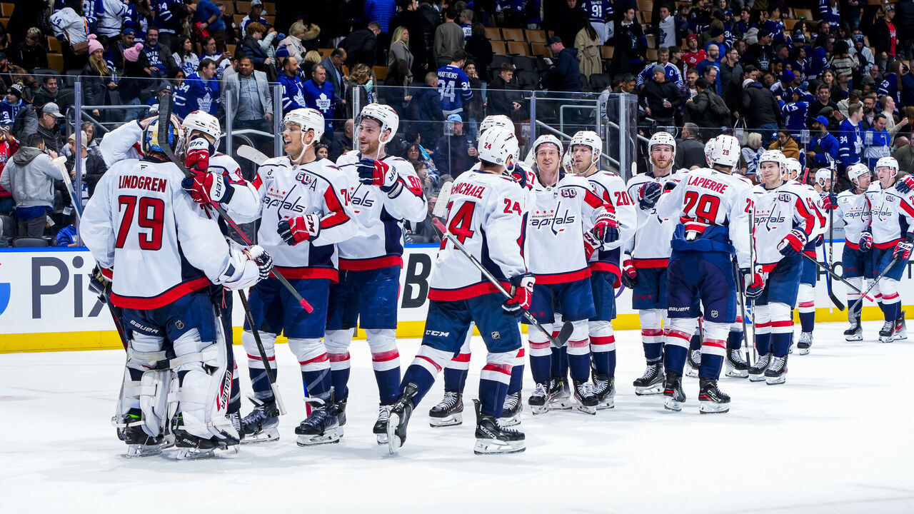 TORONTO, ON - DECEMBER 6: The Washington Capitals celebrate a win over the Toronto Maple Leafs at the Scotiabank Arena on December 6, 2024 in Toronto, Ontario, Canada.