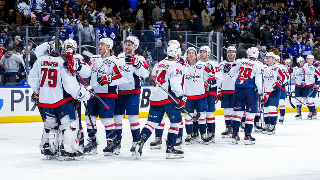 TORONTO, ON - DECEMBER 6: The Washington Capitals celebrate a win over the Toronto Maple Leafs at the Scotiabank Arena on December 6, 2024 in Toronto, Ontario, Canada.