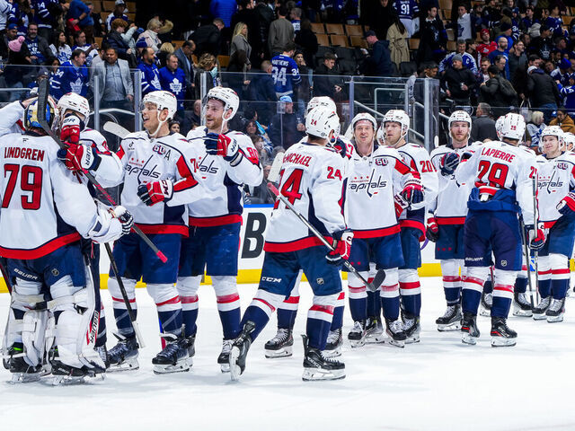 TORONTO, ON - DECEMBER 6: The Washington Capitals celebrate a win over the Toronto Maple Leafs at the Scotiabank Arena on December 6, 2024 in Toronto, Ontario, Canada.