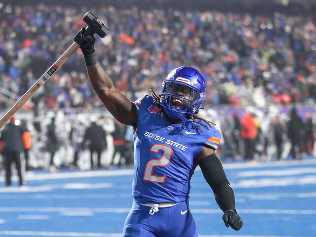 BOISE, ID - DECEMBER 06: Running back Ashton Jeanty #2 of the Boise State Broncos fires up the crowd prior to the start of the Mountain West Championship between the Boise State Broncos and the UNLV Rebels at Albertsons Stadium on December 06, 2024 in Boise, Idaho. (Photo by Loren Orr/Getty Images