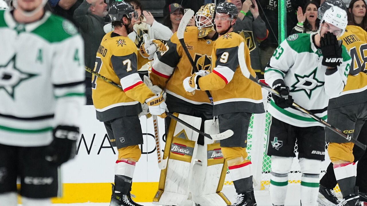 LAS VEGAS, NEVADA - DECEMBER 06: The Vegas Golden Knights celebrate after a 3-2 victory against the Dallas Stars at T-Mobile Arena on December 06, 2024 in Las Vegas, Nevada.