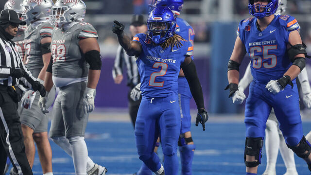 BOISE, ID - DECEMBER 06: Running back Ashton Jeanty #2 of the Boise State Broncos celebrates during the second half of the Mountain West Championship against the UNLV Rebels at Albertsons Stadium on December 06, 2024 in Boise, Idaho. Boise State won the game 21-7. Jeanty moves into fourth place in FBS history for most rushing yards in a single season, 131 yards away from tying with Barry Sanders' 1988 single-season rushing record. (Photo by Loren Orr/Getty Images