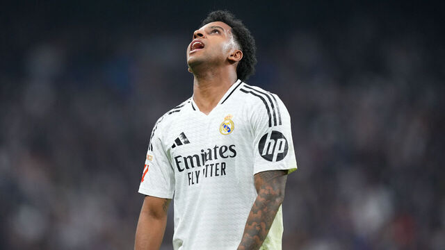 MADRID, SPAIN - DECEMBER 01: Rodrygo Goes of Real Madrid laments during the Spanish League, LaLiga EA Sports, football match played between Real Madrid and Getafe CF at Santiago Bernabeu stadium on December 01, 2024 in Madrid, Spain.