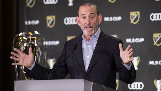 COLUMBUS, OHIO - DECEMBER 08: MLS Commissioner Don Garber speaks during his state of the league address ahead of the 2023 MLS Cup at Lower.com Field on December 08, 2023 in Columbus, Ohio.