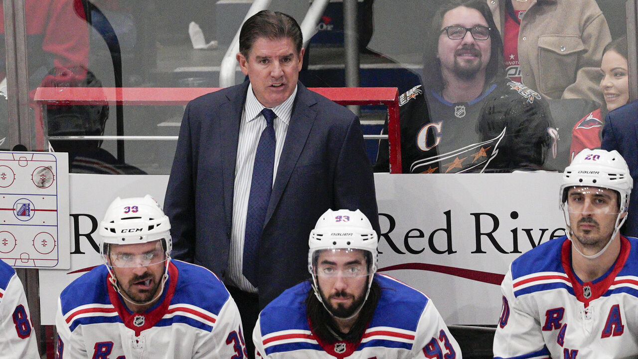 WASHINGTON, DC - OCTOBER 29: Peter Laviolette of the New York Rangers looks on during the third period of a game against the Washington Capitals at Capital One Arena on October 29, 2024 in Washington, D.C.