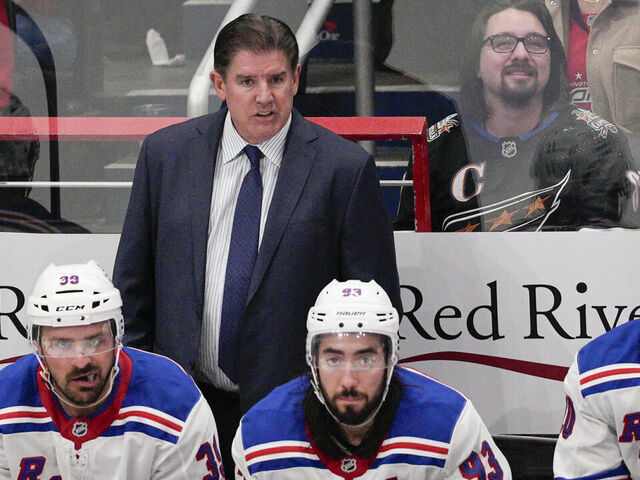 WASHINGTON, DC - OCTOBER 29: Peter Laviolette of the New York Rangers looks on during the third period of a game against the Washington Capitals at Capital One Arena on October 29, 2024 in Washington, D.C.