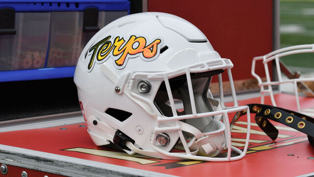 EUGENE, OR - NOVEMBER 09: A Maryland Terrapins helmet sits on an equipment box prior to the start of the game during a college football game between the Maryland Terrapins and Oregon Ducks on November 9, 2024, at Autzen Stadium in Eugene, Oregon.
