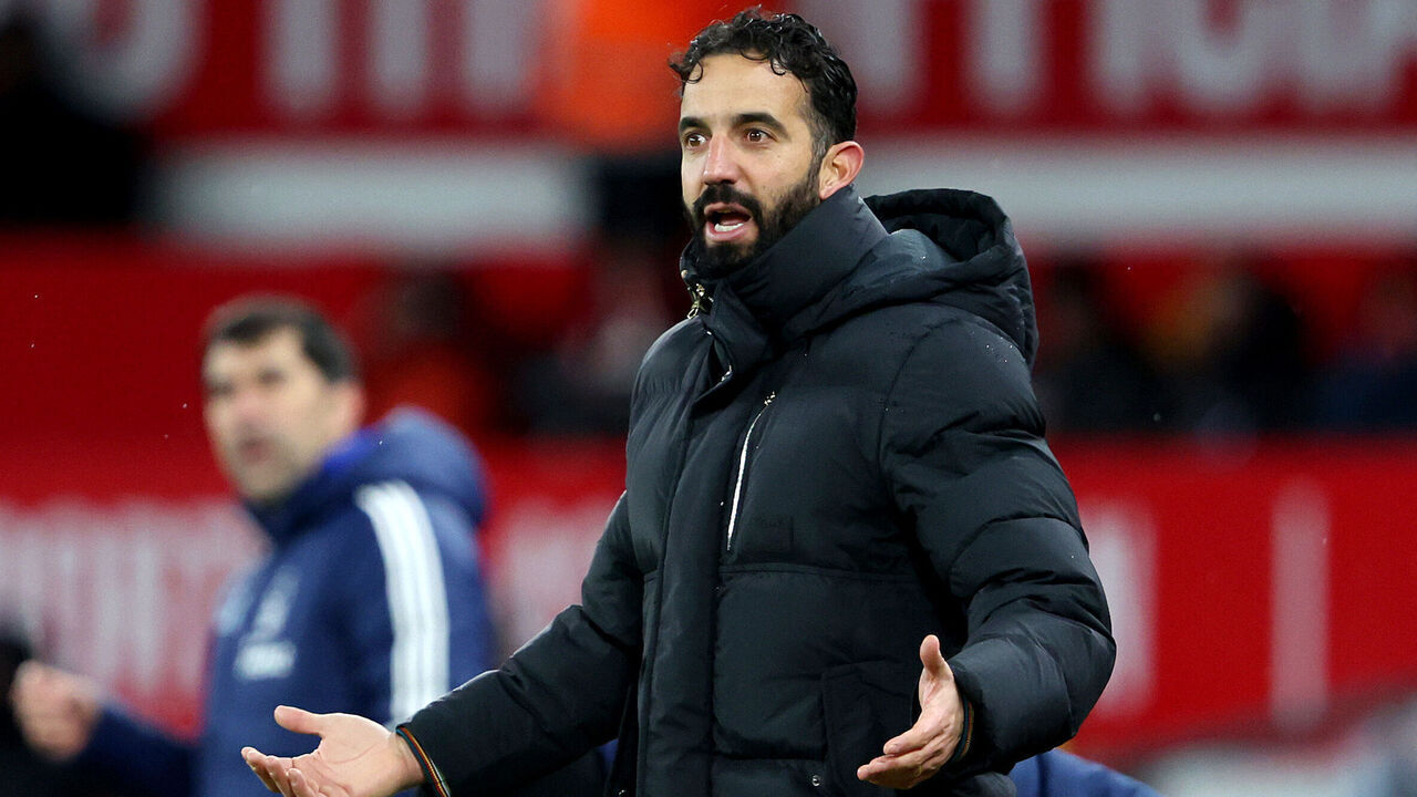 MANCHESTER, ENGLAND - DECEMBER 07: Ruben Amorim, Head Coach of Manchester United, reacts during the Premier League match between Manchester United FC and Nottingham Forest FC at Old Trafford on December 07, 2024 in Manchester, England.