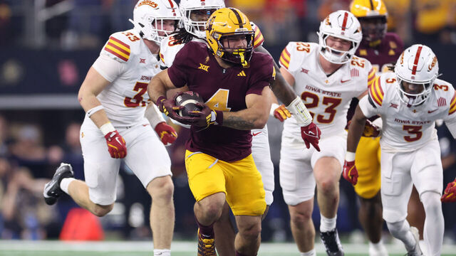 ARLINGTON, TEXAS - DECEMBER 07: Cam Skattebo #4 of the Arizona State Sun Devils carries the ball against the Iowa State Cyclones during the second quarter of the Big 12 Championship game at AT&T Stadium on December 07, 2024 in Arlington, Texas.
