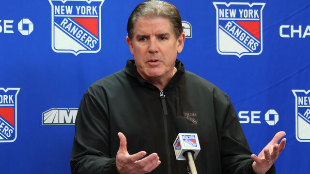 NEW YORK, NEW YORK - NOVEMBER 30: Head coach Peter Laviolette of the New York Rangers speaks with the media prior to the game against the Montreal Canadiens at Madison Square Garden on November 30, 2024 in New York City.
