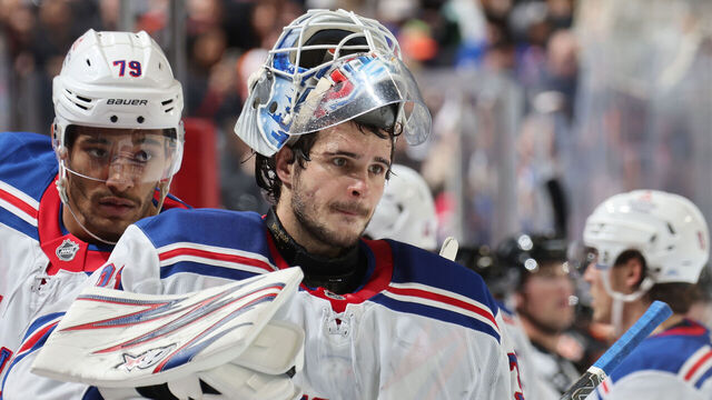 PHILADELPHIA, PENNSYLVANIA - NOVEMBER 29: Igor Shesterkin #31 of the New York Rangers looks on during a timeout against the Philadelphia Flyers at the Wells Fargo Center on November 29, 2024 in Philadelphia, Pennsylvania.