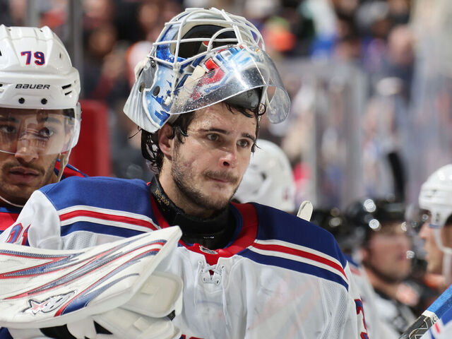 PHILADELPHIA, PENNSYLVANIA - NOVEMBER 29: Igor Shesterkin #31 of the New York Rangers looks on during a timeout against the Philadelphia Flyers at the Wells Fargo Center on November 29, 2024 in Philadelphia, Pennsylvania.