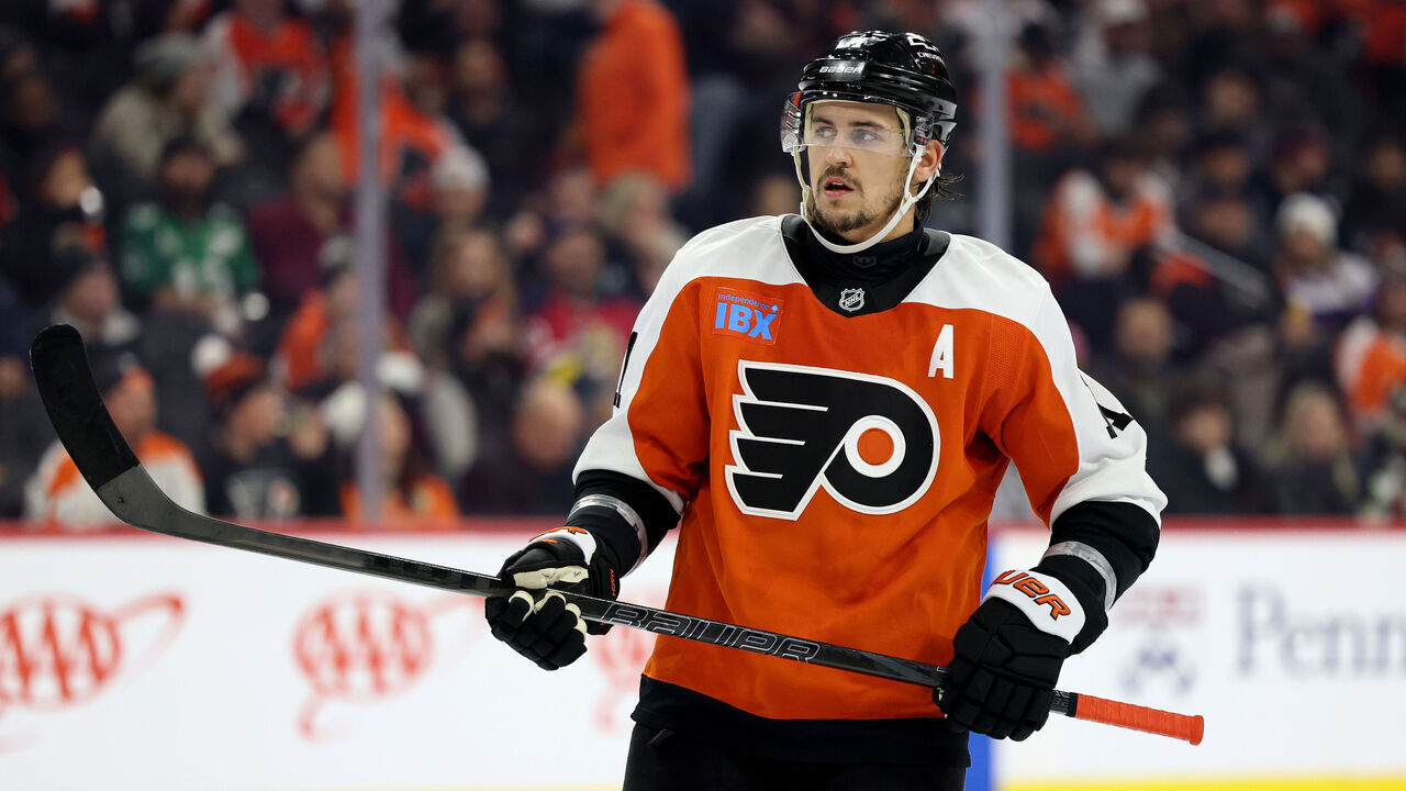 PHILADELPHIA, PENNSYLVANIA - DECEMBER 05: Travis Konecny #11 of the Philadelphia Flyers looks on during a game against the Florida Panthers at the Wells Fargo Center on December 05, 2024 in Philadelphia, Pennsylvania.