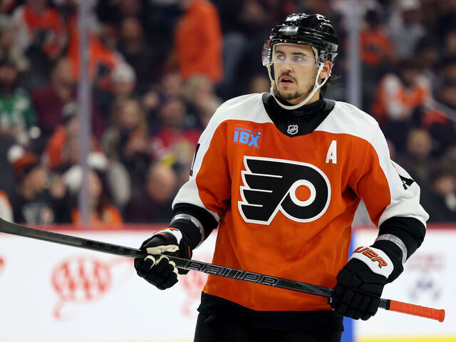 PHILADELPHIA, PENNSYLVANIA - DECEMBER 05: Travis Konecny #11 of the Philadelphia Flyers looks on during a game against the Florida Panthers at the Wells Fargo Center on December 05, 2024 in Philadelphia, Pennsylvania.