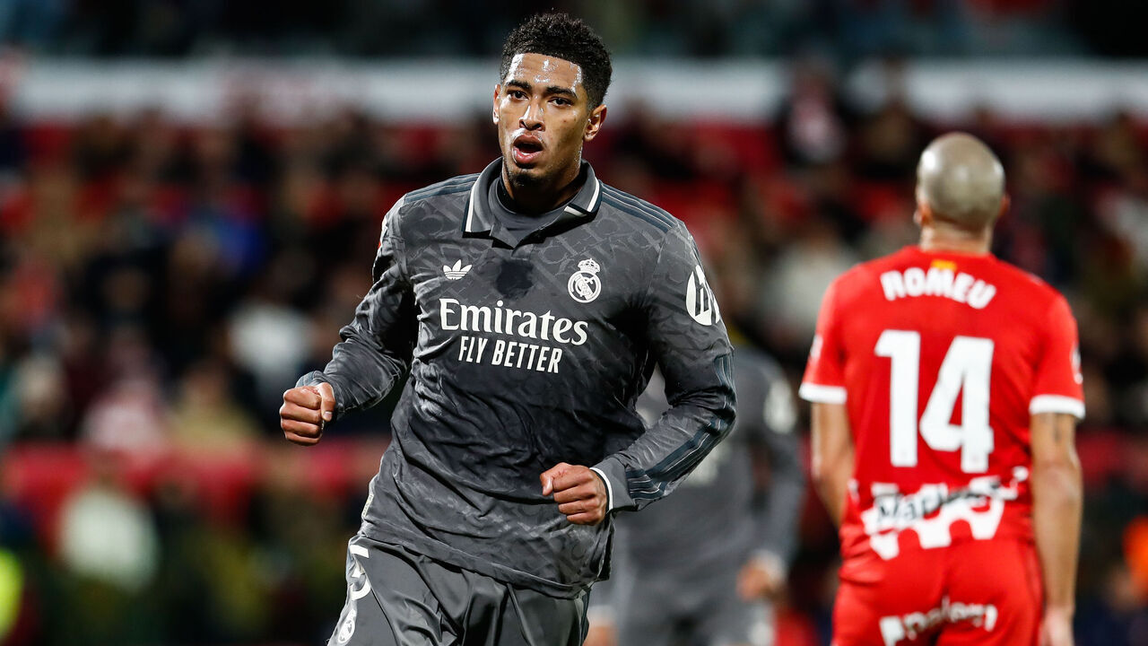 GIRONA, SPAIN - DECEMBER 07: Jude Bellingham of Real Madrid celebrates a goal during the Spanish league, La Liga EA Sports, football match played between Girona FC and Real Madrid at Estadio de Montilivi on December 7, 2024 in Girona, Spain.